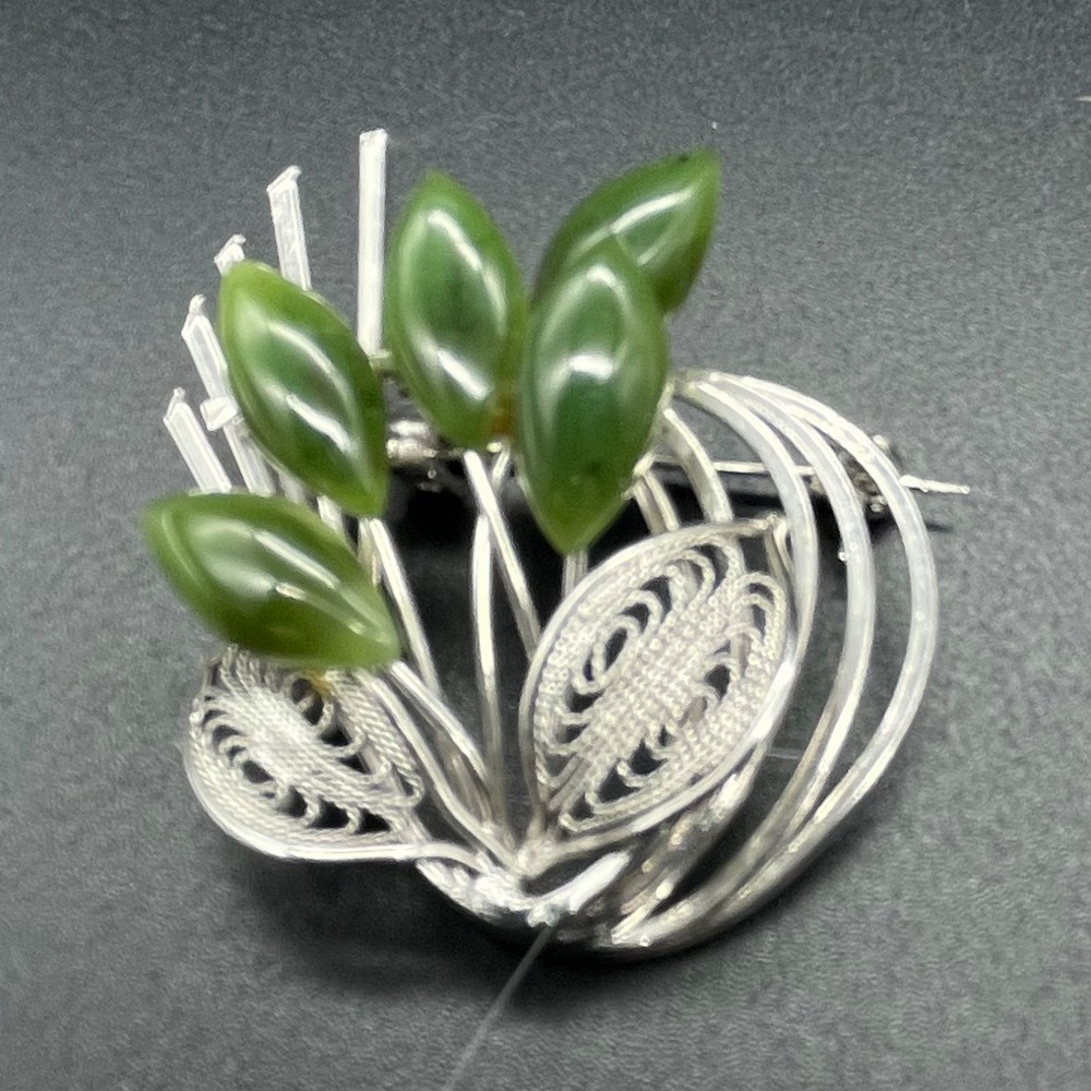 Silver Toned Filigree Metal and‎ Faux Jade Flowers